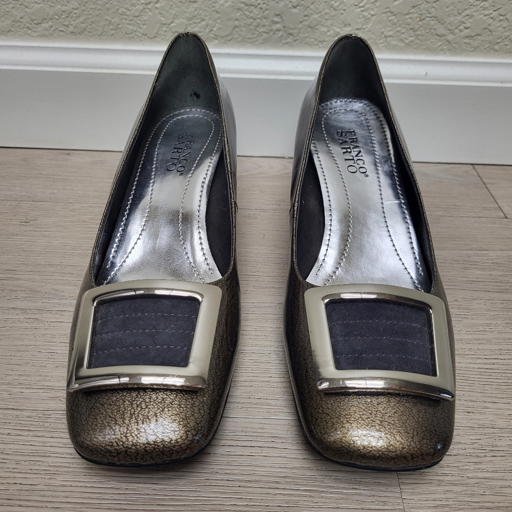 Franco Sarto Women's 9M Bronze Heels with Buckle Pewter Square Toe
